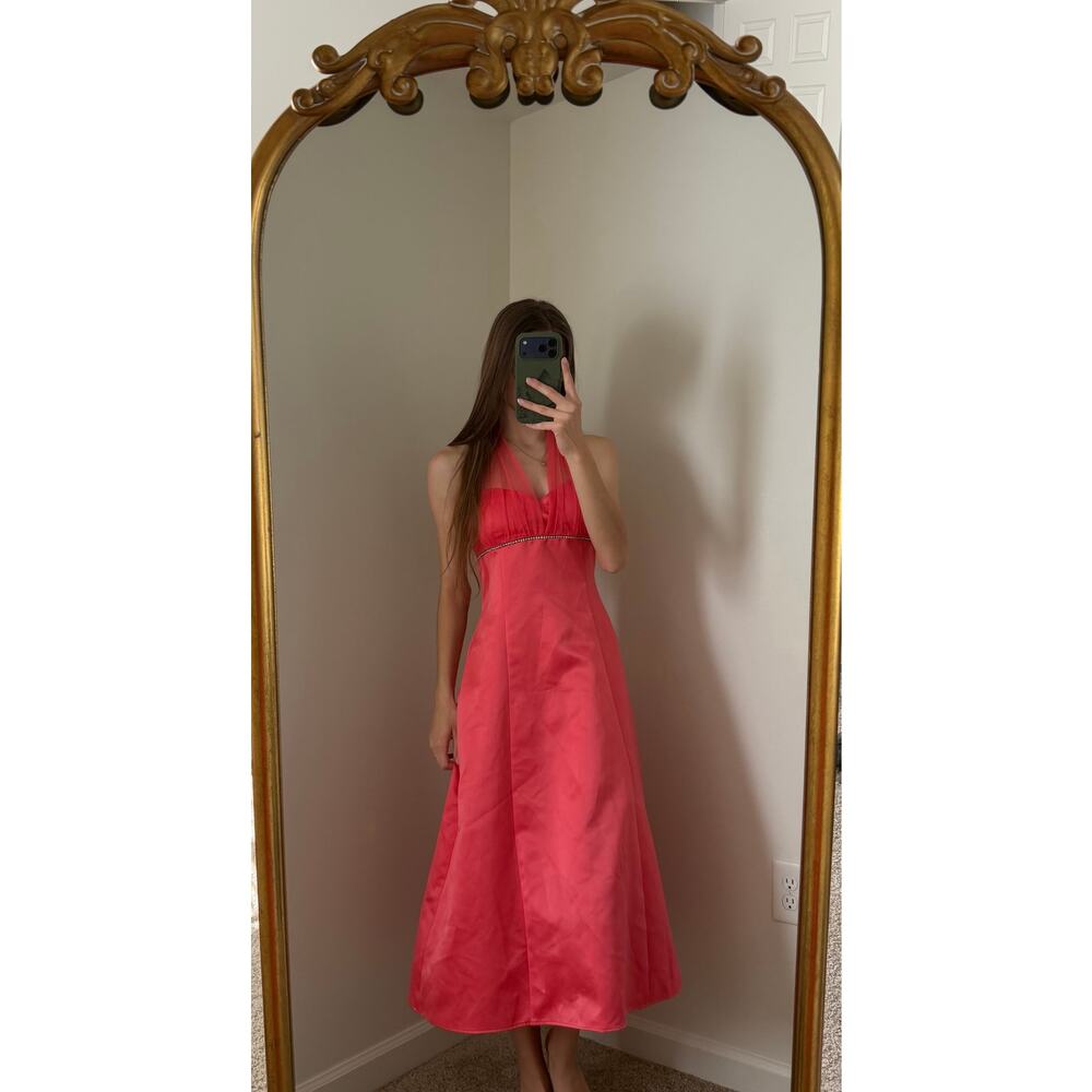 Vintage Y2K 90s Onyx Nite Pink Sheer Rhinestone Halter Dress - Picture 1 of 14